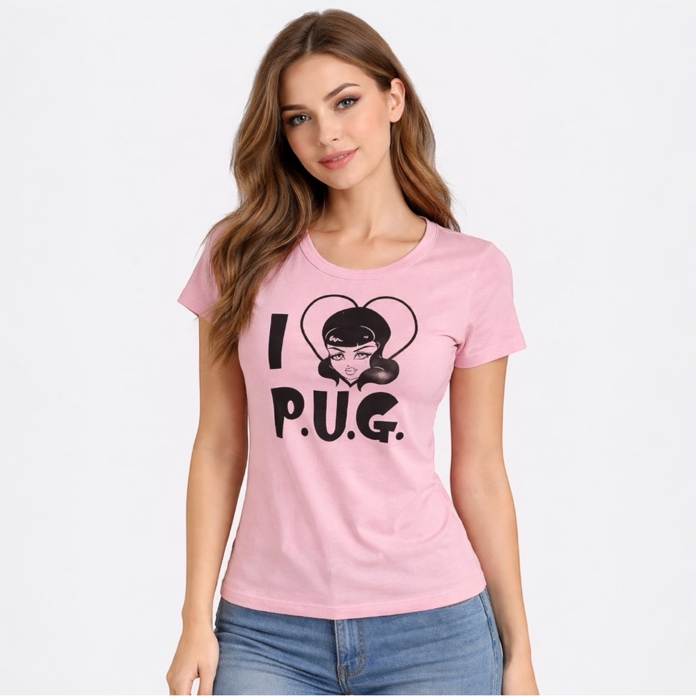 Pinup Couture I Love PUG Graphic Baby Tee Pink Y2K Style Size L Juniors